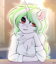 Size: 2000x2297 | Tagged: safe, artist:hakaina, oc, oc only, unicorn, anthro, breasts, cleavage, clothes, ear fluff, female, hair over one eye, horn, looking at you, shirt, solo