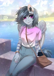 Size: 2500x3520 | Tagged: safe, artist:hakaina, oc, oc only, bat pony, anthro, bag, bracelet, clothes, ear fluff, ear piercing, earring, female, handbag, jewelry, looking at you, mare, pants, piercing, shirt, sitting, solo, t-shirt