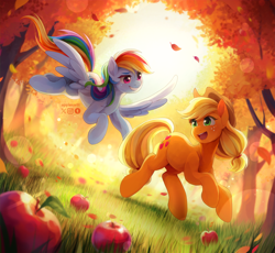 Size: 2048x1885 | Tagged: safe, artist:applesartt, applejack, rainbow dash, earth pony, pegasus, pony, g4, apple, apple tree, applejack's hat, cowboy hat, crepuscular rays, duo, duo female, falling leaves, female, flying, food, freckles, grass, grin, hat, leaves, lens flare, lesbian, mare, open mouth, open smile, outdoors, running, ship:appledash, shipping, smiling, spread wings, tail, tree, wings
