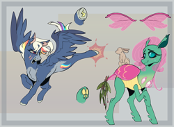 Size: 2731x2000 | Tagged: safe, artist:marzi-panic, angel bunny, fluttershy, rainbow dash, changedling, changeling, pegasus, pony, rabbit, g4, alternate design, animal, blush lines, blushing, changedlingified, changelingified, duo female, female, flutterling, gray background, high res, kicking, mare, open mouth, open smile, simple background, smiling, species swap, tooth gap, trio, underhoof