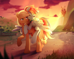 Size: 2047x1627 | Tagged: safe, artist:applesartt, applejack, rainbow dash, earth pony, pegasus, pony, g4, accessory swap, applejack's hat, cowboy hat, crepuscular rays, cute, duo, duo female, eyes closed, female, freckles, hat, lesbian, mare, outdoors, ponies riding ponies, rainbow dash riding applejack, raised hoof, riding, riding a pony, ship:appledash, shipping, signature, smiling, spread wings, wings