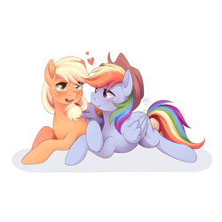 Size: 2047x2047 | Tagged: safe, artist:applesartt, applejack, rainbow dash, earth pony, pegasus, pony, g4, accessory swap, applejack's hat, blushing, cowboy hat, duo, duo female, female, folded wings, freckles, hat, heart, lesbian, looking at each other, looking at someone, lying down, mare, one wing out, open mouth, open smile, prone, ship:appledash, shipping, signature, simple background, smiling, smiling at each other, white background, wings