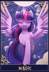 Size: 1390x2048 | Tagged: safe, artist:applesartt, twilight sparkle, alicorn, pony, g4, book, colored eyelashes, constellation, eyes closed, female, glowing, glowing horn, horn, mare, smiling, solo, spread wings, tarot card, text, twilight sparkle (alicorn), wings