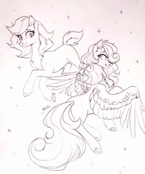 Size: 913x1100 | Tagged: safe, artist:sparkling_light, oc, oc only, oc:holivi, oc:megan rouge, earth pony, pegasus, pony, black and white, female, grayscale, mare, monochrome, sketch, traditional art
