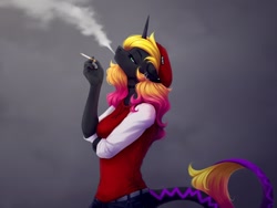 Size: 2048x1542 | Tagged: safe, artist:sparkling_light, oc, oc only, unicorn, anthro, abstract background, beanie, choker, cigarette, ear piercing, earring, female, hat, horn, jewelry, leonine tail, piercing, smoking, solo, tail