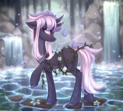Size: 2178x1962 | Tagged: safe, artist:sparkling_light, oc, oc only, butterfly, pony, unicorn, blushing, countershading, ear piercing, earring, female, high res, horn, horns, jewelry, mare, necklace, piercing, solo, vine, water, waterfall