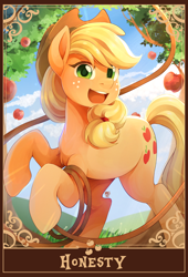Size: 1390x2048 | Tagged: safe, artist:applesartt, applejack, earth pony, pony, g4, apple, apple tree, applejack's hat, cowboy hat, female, food, freckles, grass, hat, lasso, looking at you, mare, open mouth, open smile, outdoors, rearing, rope, smiling, smiling at you, solo, tarot card, tree