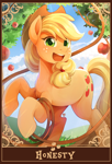Size: 1390x2048 | Tagged: safe, artist:applesartt, applejack, earth pony, pony, g4, apple, apple tree, applejack's hat, cowboy hat, female, food, freckles, grass, hat, lasso, looking at you, mare, open mouth, open smile, outdoors, rearing, rope, smiling, smiling at you, solo, tail, tarot card, tree