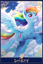 Size: 1390x2048 | Tagged: safe, artist:applesartt, rainbow dash, pegasus, pony, g4, cloud, day, ears up, eyes open, female, flying, grin, looking at you, loyalty, mare, outdoors, sky, smiling, smiling at you, solo, spread wings, tail, tarot card, teeth, windswept mane, wings