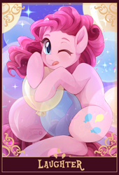 Size: 1390x2048 | Tagged: safe, artist:applesartt, pinkie pie, earth pony, pony, g4, :p, female, looking at you, mare, one eye closed, smiling, smiling at you, solo, tarot card, tongue out, wink, winking at you