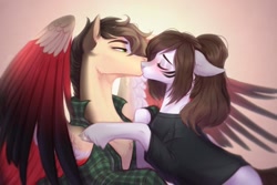 Size: 1024x683 | Tagged: safe, artist:sparkling_light, oc, pegasus, pony, blushing, clothes, colored wings, duo, facial markings, female, gradient background, kissing, male, mare, oc x oc, shipping, spread wings, stallion, straight, unshorn fetlocks, wings