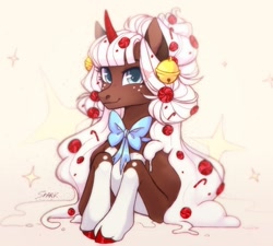 Size: 1520x1368 | Tagged: safe, artist:sparkling_light, oc, oc only, pony, unicorn, bowtie, candy, curved horn, female, food, horn, mare, solo