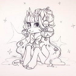 Size: 1600x1600 | Tagged: safe, alternate version, artist:sparkling_light, oc, oc only, pony, unicorn, black and white, bowtie, candy, curved horn, female, food, grayscale, horn, mare, monochrome, sketch, solo, traditional art