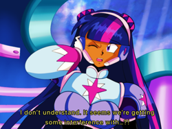 Size: 1024x768 | Tagged: safe, artist:rockmangurlx, twilight sparkle, gynoid, human, robot, bust, dialogue, female, headset, humanized, megaman x, moderate dark skin, one eye closed, reploid, solo, text