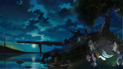 Size: 3150x1772 | Tagged: safe, artist:china consists of them!, oc, oc only, oc:littlepip, kirin, pony, unicorn, fallout equestria, duo, duo female, evening, female, gun, horn, machine gun, mare, moon, reflection, scenery, tank (vehicle), tree, water, weapon