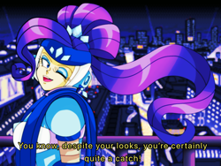 Size: 1024x768 | Tagged: safe, artist:rockmangurlx, rarity, gynoid, human, robot, city, cityscape, dialogue, female, humanized, looking at you, megaman x, night, one eye closed, open mouth, open smile, reploid, smiling, solo, text, wink, winking at you
