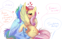 Size: 4678x3000 | Tagged: safe, artist:confetticakez, fluttershy, rainbow dash, pegasus, pony, g4, blushing, chest fluff, cute, duo, duo female, eyes closed, female, folded wings, heart, high res, implied applejack, implied pinkie pie, implied rarity, implied twilight sparkle, kissing, lesbian, mare, one wing out, ship:flutterdash, shipping, simple background, sitting, speech bubble, white background, wing fluff, wings