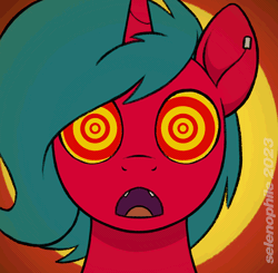 Size: 2000x1958 | Tagged: safe, alternate character, alternate version, artist:selenophile, oc, oc only, oc:crimson malibu, pony, unicorn, animated, commission, dilated pupils, horn, hypno eyes, hypnosis, hypnotized, looking at you, open mouth, solo, swirly eyes, ych result