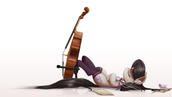 Size: 5000x2813 | Tagged: safe, artist:ncmares, octavia melody, earth pony, pony, g4, bow (instrument), cello, chest fluff, clothes, cup, cute, ear fluff, earbuds, eyes closed, female, food, high res, hooves on belly, leg fluff, legs in air, listening, lying down, mare, messy mane, music, musical instrument, on back, reflection, sheet music, signature, simple background, socks, solo, tail, tea, teacup, thigh highs, white background