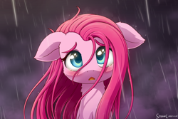 Size: 2400x1600 | Tagged: safe, artist:symbianl, pinkie pie, earth pony, pony, g4, blushing, bust, cheek fluff, crying, cute, cuteamena, diapinkes, female, floppy ears, looking at you, mare, open mouth, pinkamena diane pie, rain, sad, sadorable, solo, teary eyes, wet, wet mane, wet mane pinkie pie