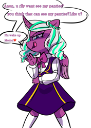 Size: 1240x1754 | Tagged: safe, artist:vv1 nsfw, opaline arcana, alicorn, pony, anthro, g5, bow, clothes, grammar error, horn, mesugaki, school uniform, shirt, simple background, skirt, socks, white background, wings, younger