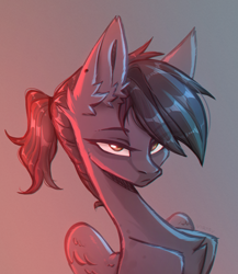 Size: 2020x2326 | Tagged: safe, artist:viryav, oc, oc only, pegasus, pony, blue light, chest fluff, disgruntled, ear piercing, earring, female, gradient background, jewelry, lighting, mare, piercing, ponytail, red light, serious, shading, sketch, slender, solo, thin