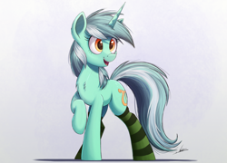 Size: 4000x2881 | Tagged: safe, artist:ncmares, lyra heartstrings, pony, unicorn, g4, chest fluff, clothes, cute, female, high res, horn, lyrabetes, mare, open mouth, open smile, raised hoof, signature, smiling, socks, solo, striped socks