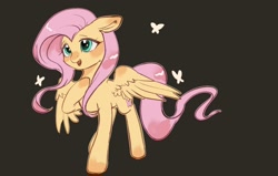 Size: 2048x1300 | Tagged: safe, artist:kanfengjingdeyumi, fluttershy, butterfly, pegasus, pony, dark gray background, female, mare, open mouth, simple background, solo, spread wings, wings