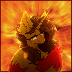 Size: 3000x3000 | Tagged: safe, artist:viryav, oc, alicorn, pony, explosion, female, fire, fluffy, mare, pleased, smiling, solo