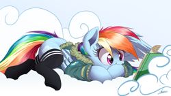 Size: 4000x2250 | Tagged: safe, artist:ncmares, rainbow dash, pegasus, pony, g4, bomber jacket, book, clothes, cloud, female, folded wings, high res, jacket, lying down, lying on a cloud, mare, on a cloud, prone, reading, signature, socks, solo, tail, thigh highs, wing hands, wings