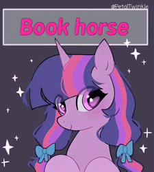 Size: 972x1080 | Tagged: safe, artist:petaltwinkle, twilight sparkle, pony, unicorn, g4, alternate hairstyle, animated, bookhorse, commission, eye clipping through hair, eyestrain warning, female, frame by frame, gif, horn, looking at you, mare, multicolored mane, pigtails, purple background, purple coat, purple eyes, raised hooves, signature, simple background, smiling, smiling at you, solo, sparkles, sparkly eyes, text, tied mane, unicorn horn, unicorn twilight, wingding eyes, your character here