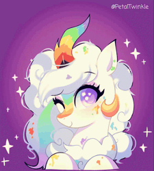 Size: 1152x1280 | Tagged: safe, artist:petaltwinkle, oc, oc only, oc:cloudy canvas, kirin, pony, abstract background, animated, blushing, colored horn, colored pupils, commission, curly mane, cute, eye clipping through hair, eyebrows, eyebrows visible through hair, eyelashes, eyestrain warning, female, frame by frame, gif, gradient background, heart, heart eyes, horn, kirin oc, long mane, looking at you, mare, multicolored hair, multicolored horn, ocbetes, one eye closed, paint splatter, purple eyes, rainbow hair, rainbow horn, raised hooves, signature, smiling, smiling at you, solo, sparkles, sparkly eyes, white coat, white mane, wingding eyes, wink, winking at you, ych result