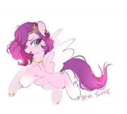 Size: 1440x1297 | Tagged: safe, artist:petaltwinkle, pipp petals, pegasus, pony, g5, adorapipp, blushing, coat markings, colored hooves, colored wings, colored wingtips, curly mane, cute, ear blush, ear piercing, earring, eyeshadow, female, fetlock tuft, flying, gold hooves, gradient mane, gradient tail, headpiece, hooped earrings, hooves, jewelry, lidded eyes, long mane, long tail, makeup, mare, missing cutie mark, necklace, open mouth, open smile, piercing, shiny hooves, signature, simple background, smiling, socks (coat markings), solo, spread wings, tail, teal eyes, two toned mane, two toned tail, two toned wings, unshorn fetlocks, white background, wings