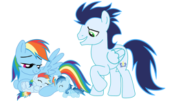 Size: 3812x2235 | Tagged: safe, rainbow dash, soarin', oc, oc:ragtag, oc:shooting star, pegasus, pony, baby, baby pony, female, filly, foal, male, mare, offspring, parent:rainbow dash, parent:soarin', parents:soarindash, ship:soarindash, shipping, siblings, simple background, stallion, straight, transparent background, twins