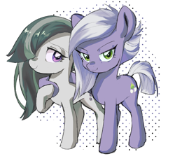 Size: 1938x1783 | Tagged: safe, artist:qiuhu17819, limestone pie, marble pie, earth pony, pony, g4, duo, duo female, female, hair over one eye, hoof around neck, looking at you, mare, patterned background, pie sisters, siblings, sisters, smiling, smiling at you, when she smiles