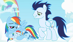 Size: 3812x2235 | Tagged: safe, rainbow dash, soarin', oc, oc:ragtag, oc:shooting star, pegasus, pony, baby, baby pony, female, filly, foal, male, mare, offspring, parent:rainbow dash, parent:soarin', parents:soarindash, ship:soarindash, shipping, siblings, stallion, straight, twins