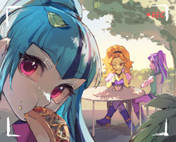 Size: 2070x1668 | Tagged: safe, artist:deadbirdorzcr, adagio dazzle, aria blaze, sonata dusk, human, equestria girls, g4, camera shot, chair, close-up, cute, eating, female, food, leaves, leaves in hair, looking at you, outdoors, sonatabetes, sonataco, table, taco, tea, that girl sure loves tacos, that siren sure does love tacos, the dazzlings, tree