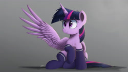 Size: 4420x2486 | Tagged: safe, artist:ncmares, twilight sparkle, alicorn, pony, g4, adorkable, clothes, cute, dork, female, horn, mare, one wing out, sitting, smiling, socks, solo, thigh highs, twiabetes, twilight sparkle (alicorn), wings