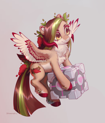 Size: 2035x2384 | Tagged: safe, artist:helemaranth, oc, oc only, oc:helemaranth, pegasus, pony, companion cube, countershading, female, flying, gray background, high res, horns, mare, pegasus oc, portal (valve), simple background, solo, spread wings, wings