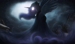 Size: 4250x2500 | Tagged: safe, artist:ncmares, princess luna, spirit of hearth's warming yet to come, alicorn, pony, g4, female, glowing, glowing eyes, high res, horn, mare, night, outdoors, solo, spread wings, wallpaper, wings