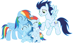 Size: 3812x2235 | Tagged: safe, rainbow dash, soarin', oc, oc:ragtag, oc:shooting star, pegasus, pony, g4, female, filly, foal, hug, male, mare, offspring, parent:rainbow dash, parent:soarin', parents:soarindash, ship:soarindash, shipping, siblings, simple background, stallion, straight, transparent background, twins