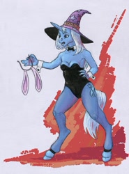 Size: 759x1025 | Tagged: safe, artist:adeptus-monitus, trixie, anthro, unguligrade anthro, g4, breasts, bunny ears, bunny suit, clothes, comparison, draw this again, hat, redraw, solo, wizard hat