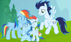 Size: 3812x2235 | Tagged: safe, rainbow dash, soarin', oc, oc:ragtag, oc:shooting star, pegasus, pony, female, filly, foal, hug, male, mare, offspring, parent:rainbow dash, parent:soarin', parents:soarindash, ship:soarindash, shipping, siblings, stallion, straight, twins