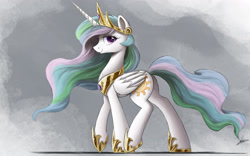 Size: 4000x2500 | Tagged: safe, artist:ncmares, princess celestia, alicorn, pony, g4, crown, female, folded wings, high res, hoof shoes, horn, jewelry, looking at you, mare, peytral, princess shoes, profile, regalia, side view, smiling, smiling at you, solo, tail, wings