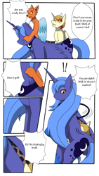 Size: 720x1280 | Tagged: safe, artist:avianine, artist:wolferion, princess luna, oc, alicorn, fox, pony, unicorn, g4, comic, dialogue, duo, furry, furry to pony, horn, ponysuit, quadsuit, s1 luna, suiting, transformation, two-person costume