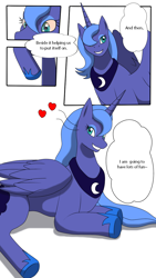 Size: 720x1280 | Tagged: safe, artist:avianine, artist:wolferion, princess luna, alicorn, pony, comic, dialogue, furry to pony, grin, heart, lying down, ponysuit, prone, quadsuit, s1 luna, smiling, suiting, transformation