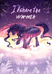 Size: 1443x2048 | Tagged: safe, artist:sparkling_light, oc, oc only, pegasus, pony, rabbit, animal, coat markings, duo, facial markings, female, mare, snow, spread wings, star (coat marking), tree, wings, winter