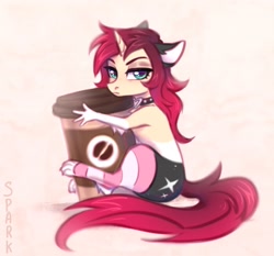 Size: 2085x1940 | Tagged: safe, artist:sparkling_light, hybrid, mouse, original species, pony, unicorn, choker, clothes, coffee, coffee cup, cup, female, horn, hug, looking at you, mare, socks, solo