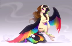 Size: 2685x1707 | Tagged: safe, artist:sparkling_light, oc, oc only, alicorn, pony, abstract background, alicorn oc, colored wings, female, flying, horn, looking at you, mare, multicolored wings, rainbow wings, solo, wings