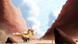 Size: 5000x2813 | Tagged: safe, artist:ncmares, applejack, earth pony, pony, g4, action pose, applejack's hat, boots, canyon, clothes, cloud, cowboy hat, dust, female, fireproof boots, freckles, galloping, grin, hat, high res, mare, outdoors, rock, running, scenery, shoes, signature, sky, smiling, solo, stetson, tail